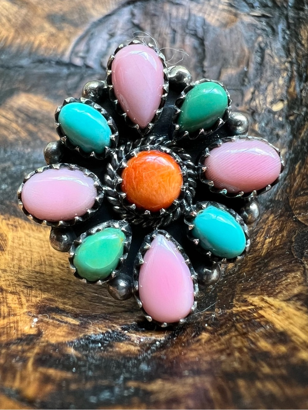 Sterling Silver Multi Stone Cluster Ring Size 10 Adjustable Southwestern